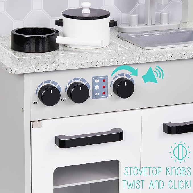 Lil' Jumbl Kids Pretend Kitchen Playset, Pretend Wooden Play Kitchen Toy, Realistic Setup, Includes Pot & Pan, 4 Utensils, Salt & Pepper Shaker, Gray