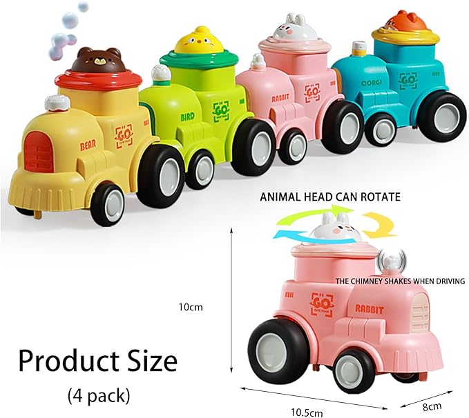 4 in 1 Toddler Train & Car Toys Set - Press & Go Animal Racing Cars for 1-3 Year Old Boys, Baby Vehicle Toys for 6-18 Months, First Birthday Gift for Toddler Boys