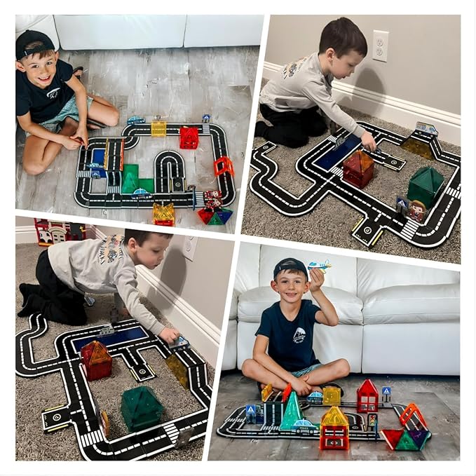Magnetic Tiles City Road Set with Magnet Car Toys, Magnetic Blocks Building Toys for Kids, STEM Construction Toys for Toddlers,Toy Gifts for 3+ Year Old Boys & Girls