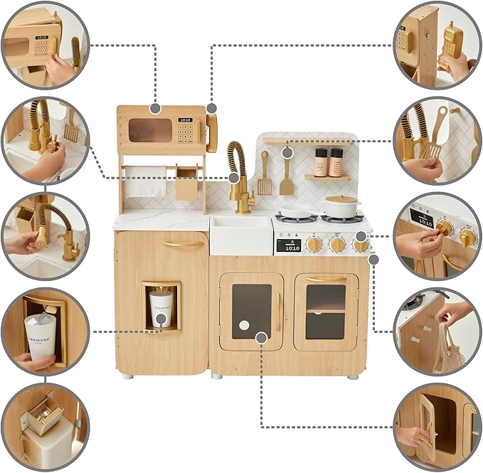 Teamson Kids Little Chef Cyprus Medium Wooden Play Kitchen with Interactive, Realistic Features, and 14 Kitchen Accessories for 3yrs and up, Light Oak/Faux White Marble/Gold