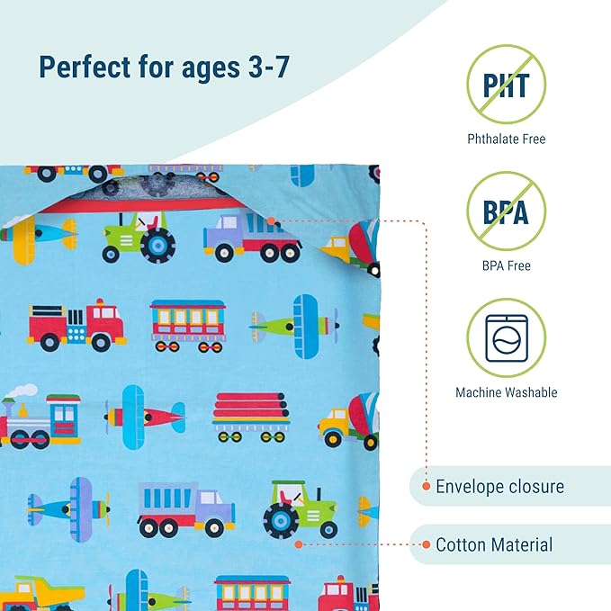 Wildkin Kids Nap Mat Cover for Boys & Girls, Sewn-in Flap Design Rest Mat Cover, Perfect for Preschool, Fits Our Vinyl Nap Mat up to 1.5 Inches Including Basic Sleep Mat (Trains, Planes & Trucks)