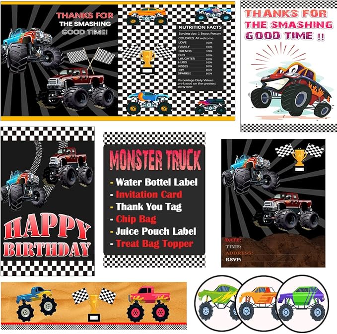 Monster Truck Party Favor 84 PCS Monster Truck Mini Pull Cars Treat Box Slap Bracelets Keychain Bubble Paper Straws Gift Rewards for Kids Birthday Supply