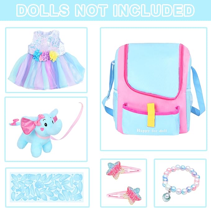 UNICORN ELEMENT 18 Inch Girl Doll Accessories with Doll Carrier Bag + Dress + 2 Hairpins + Blue Sticker + Bracelets + Toy Elephant, Baby Doll Clothes and Accessories for 18 Inch Doll (No Doll)