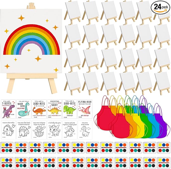 Gosodeny 24 Sets Valentines Watercolor Paint Set Painting Cards Painting Canvas Panel with Wooden Easel Watercolor Paint Painting Brush Kit Valentines Day Cards Packaging Bag Set Gifts