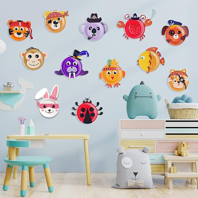 V-Opitos Arts and Crafts Kits for Kids, 12 Pack Paper Plate Crafts, Simple Animal Crafts for Toddler Age of 3, 4, 5 Years Old, Fun Preschool Classroom Activity Project for Boy & Girl