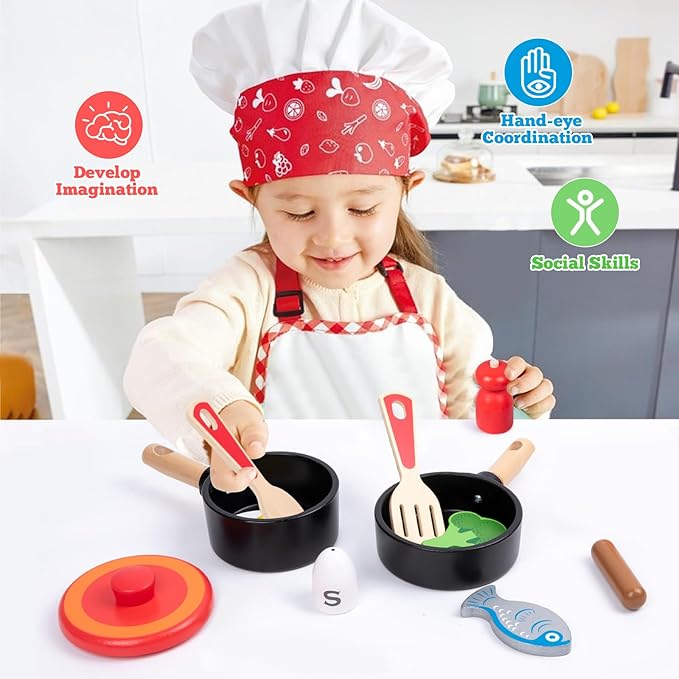 Wooden Play Kitchen Accessories for Toddlers, Kids Pretend Play Pots and Pans Food Cooking Toy, 11 Pieces Montessori Kitchen Tools Gifts for Boys Girls Ages 3 4 5 6 Years Old