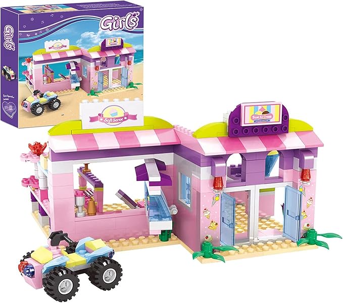 BRICK STORY Girls Friends Ice Cream Shop Building Set Pink Beach Ice Cream Dessert Store Building Blocks Toys with Beach Buggy Friends Beach Vacation Playset for Kids 6-12, 317 Pieces