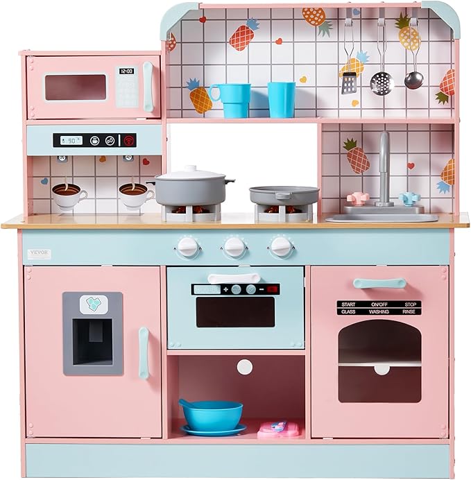 VEVOR Wooden Play Kitchen Toy, Play Kitchen for Kids with Lights and Sounds, Toddler Kitchen with Ice Maker, Oven, Sink, Microwaves, Fridge and Utensil and Fruit Accessory for Toddlers Ages 3-8, Pink