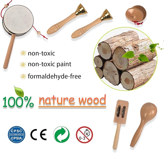 Wooden Musical Instruments Set for Toddlers 1-3, Natural Wood Percussion Instruments Xylophone Gift Set for Girls Boys Kids ,Preschool Educational Musical Toys with Storage Bag (Log Color)
