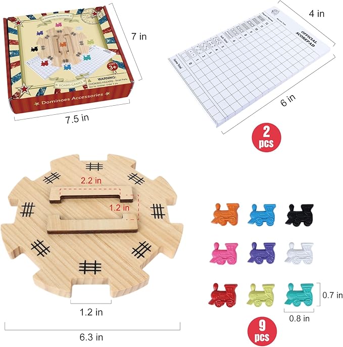 GOTHINK Mexican Train Dominoes Accessories Set - Large Size Pine Hub, 9 Colorful Metal Markers, 50-Sheet Score Pads*2