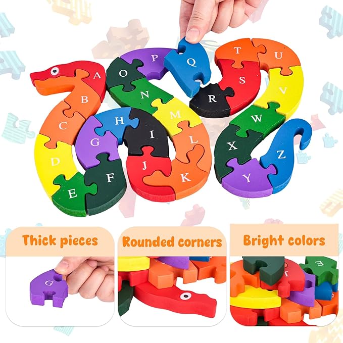 LOVESTOWN Alphabet Jigsaw Puzzle, Building Blocks Animal Wooden Puzzle, Wooden Snake Letters Numbers Block Toys for Kids Birthday Gifts