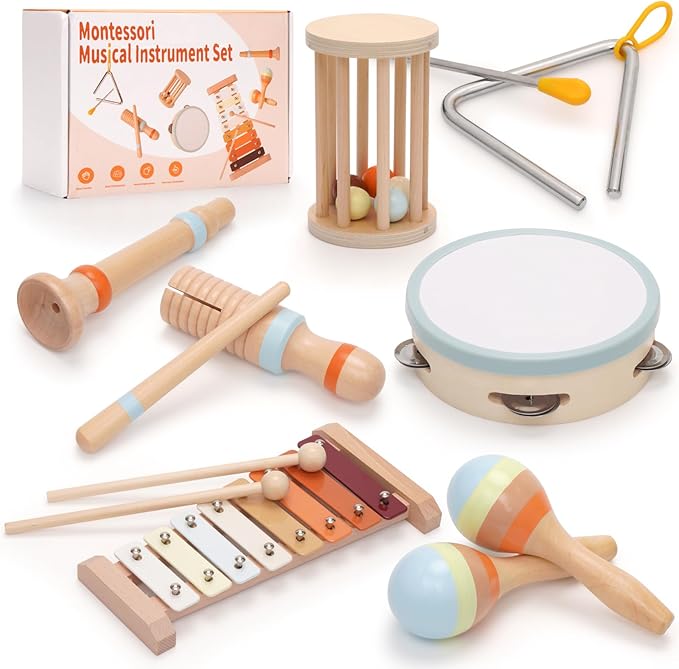 Baby Musical Instruments,Montessori Wooden Percussion Instruments Toy for Toddlers1-3, with Modern Boho Xylophone Tambourine for Kids Preschool Educational 3+ Christmas Birthday Gifts