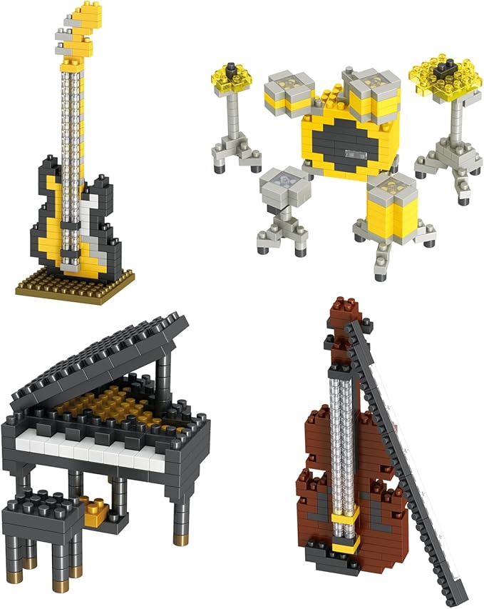 Mini Music Building Blocks Musical Instruments Sets Toys 4 Packs for Party Favors for Kids, Micro Mini Blocks Bricks Kit Electric Bass,Drum Kit,Violin,Grand Piano Goodie Bags,Prizes,Birthday Gifts