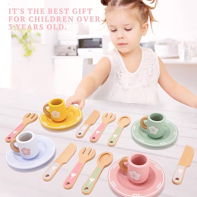 Wooden Play Kitchen Accessories Toys for Toddlers 3+, 22 PCS Kids Play Kitchen with Cute Cutlery Rack&Dish Rack,Play Dishes for Kids Kitchen,Montessori Pretend Birthday Gifts for Girls Boys