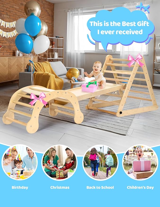 YOLEO Large Pikler Triangle Set, Wooden Toddler Climbing Toys Indoor with Safer Sturdy Base, Montessori Pikler Triangle Climbing Set for Kids' Indoor Climber & Playground & Jungle Gym (Natural)