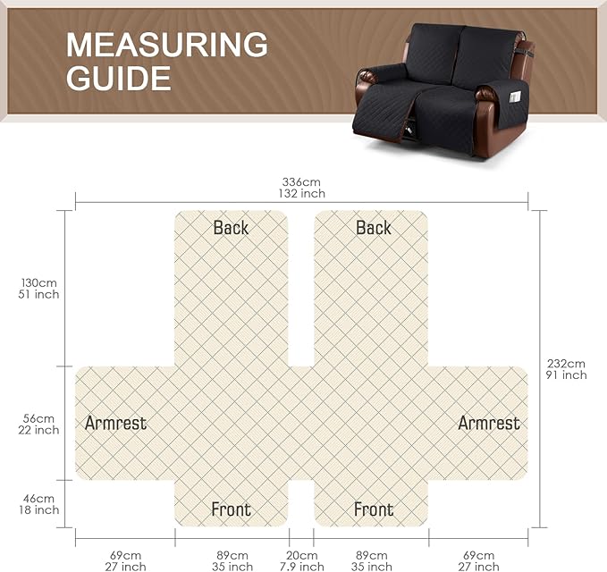 KinCam Waterproof Oversized Loveseat Recliner Cover, Non-Slip Reclining Couch Covers for 2 Seat, Recliner Sofa Cover Furniture Protector with Elastic Straps for Kids, Pets, Black
