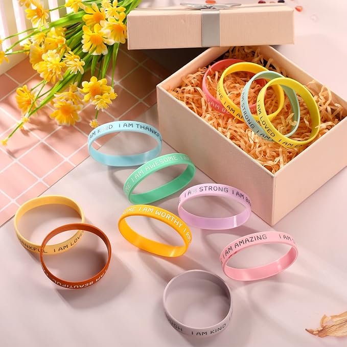Sratte 48 Pcs Inspirational Silicone Wristbands Rubber Stretch Unisex Bracelets Student Gift Stocking Suffers for Class(Fresh Color)