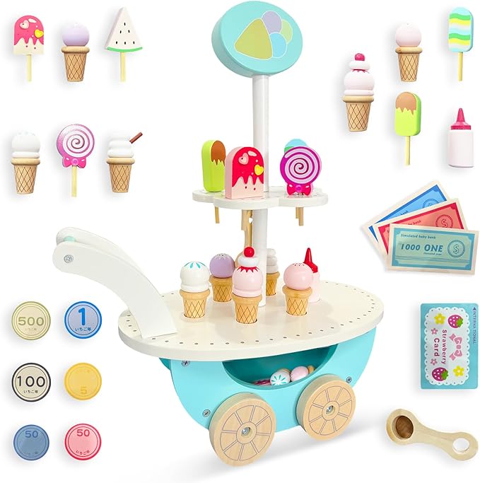 Wooden Ice Cream Truck Toy Playset with Ice Cream Toys,Ice Cream Cart Toys for Toddlers and Kids 3-7,Learning Toys for Boys & Girls, Daycare/Preschool Educational Toys,Pretend Play Toys