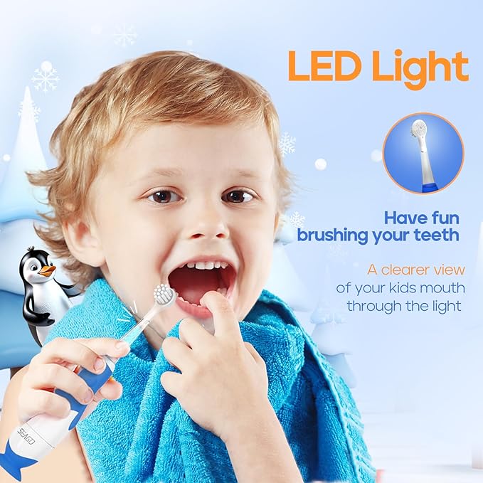 SEAGO Toddler Electric Toothbrushes for Baby Ages 0-3 Years, Baby Toothbrush with Smart Timer and Suction Base, 4 Replacement Brushheads (Navy-C)