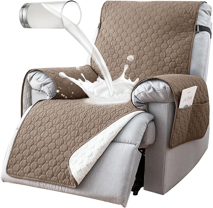 100% Waterproof Recliner Chair Covers That Stay in Place, Non-Slip Recliner Cover with 5 Pockets, Elastic Straps, Washable Reclining Chair Protector for Kids, Pets, Dogs, Khaki