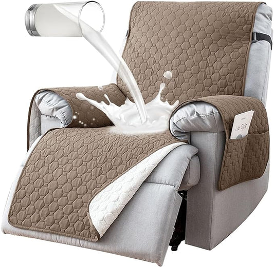 100% Waterproof Recliner Chair Covers That Stay in Place, Non Slip Recliner Cover with 5 Pockets, Elastic Straps, Washable Reclining Chair Protector for Kids, Pets, Dogs, Khaki