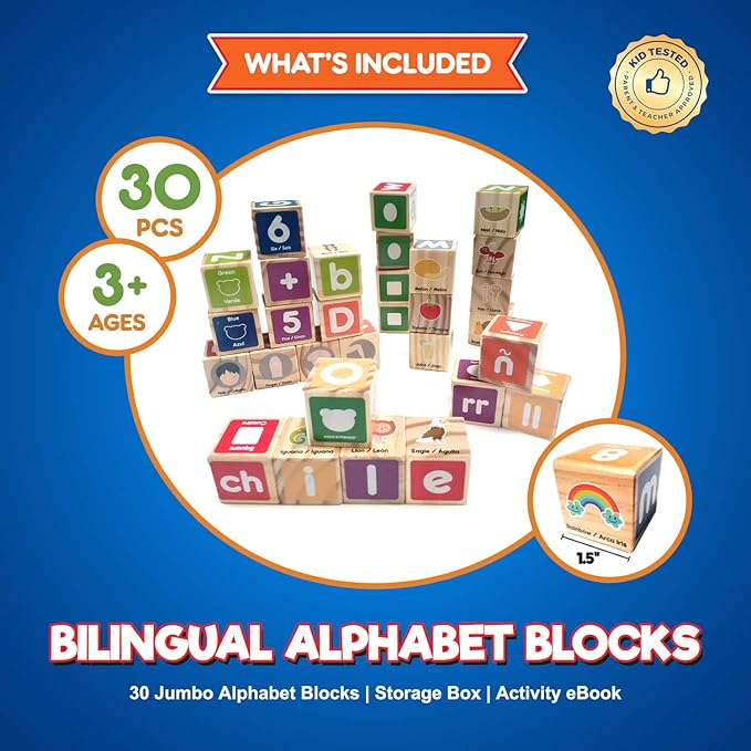 Alphabet Blocks Toys for Toddlers - Bilingual Educational Toys, Spanish Learning Toys, Stacking Toys with 30 Wooden Blocks and Toddler Learning Activities eBook