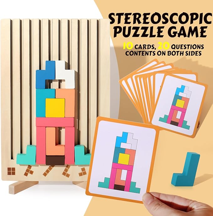 Wooden Blocks Puzzle Brain Teasers Toy Tangram Jigsaw Puzzle Intelligence Colorful 3D Russian Blocks STEM Montessori Educational Gift for Boys and Girls,Board Game Educational Toys for Toddlers
