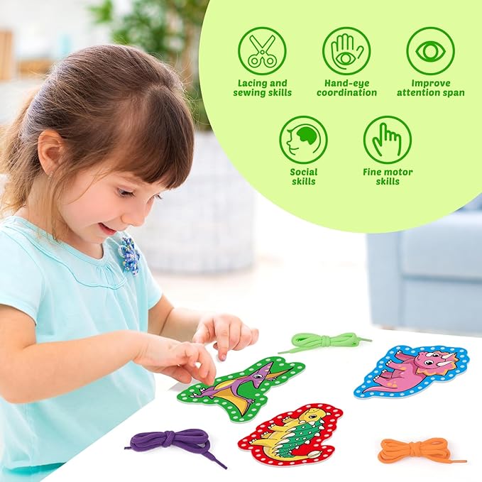 Aizweb Dinosaur Lacing Cards,Sewing Kit for Toddlers, Fine Motor Skill Toys,Threading Toys for Preschoolers,Shoe Tying Practice Art and Craft for Kids Educational Kindergarten Learning Activities