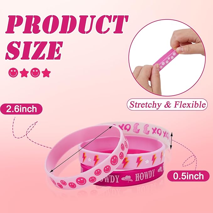 Whaline 36Pcs Preppy Silicone Bracelets Pink Gradient Smile Face Lightning Wristbands Let's Go Party Rubber Bracelets for Birthday Party Favor Supplies, 6 Designs