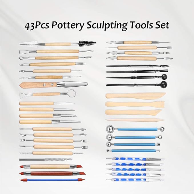 ISSEVE Pottery Clay Sculpting Tools 43Pcs Double Sided Ceramic Clay Carving Tool Set with Carrying Case Bag for Beginners Professionals School Student Pottery Modeling Smoothing