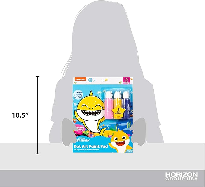 Horizon Group USA Baby Shark Dot Art Pad, Paint and Decorate a Baby Shark Coloring Book with 18 Pages, Includes 3 Dot Markers for Less-Mess Painting, Baby Shark Art Set, Baby Shark Arts and Crafts
