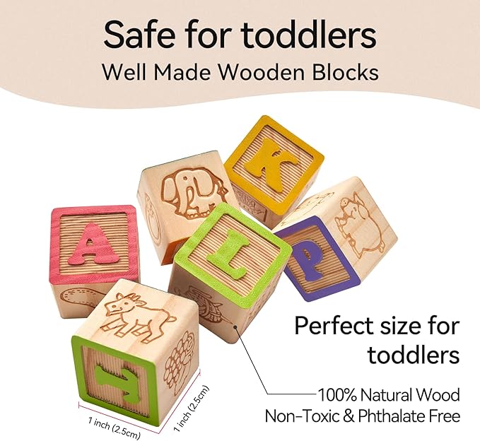 Building Blocks Set Wooden Blocks for Toddlers Rainbow ABC Letter Alphabet Stacking Blocks 26 Pcs Montessori Toys Educational Learning Toys for Kids Age 18 Months for Girls Boys