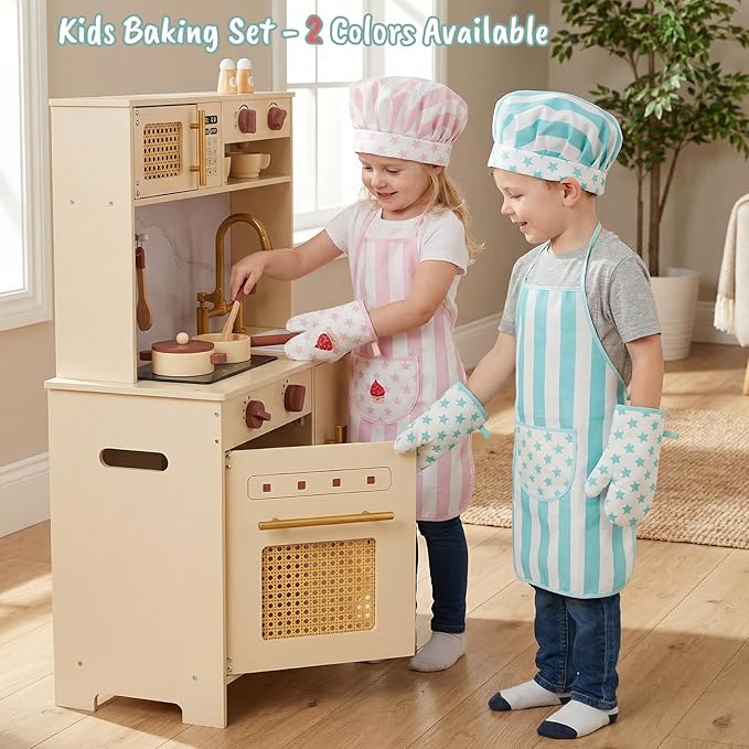 Kid Apron and Chef Hat Set, 3 Pcs Children Cooking Baking Set Kits Role Play Chef Toy Kid Cooking Gift for Girls Boys (Blue)