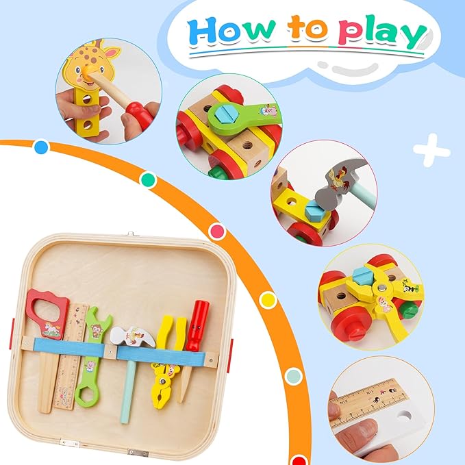 Wooden Animal Tool Box for Kids, Contains Stickers, Screws, Assembly Tools, Animal Building Blocks, Children's Montessori Building Block Assembly Toy, Ideal Gift for Boys and Girls 3,4,5,6