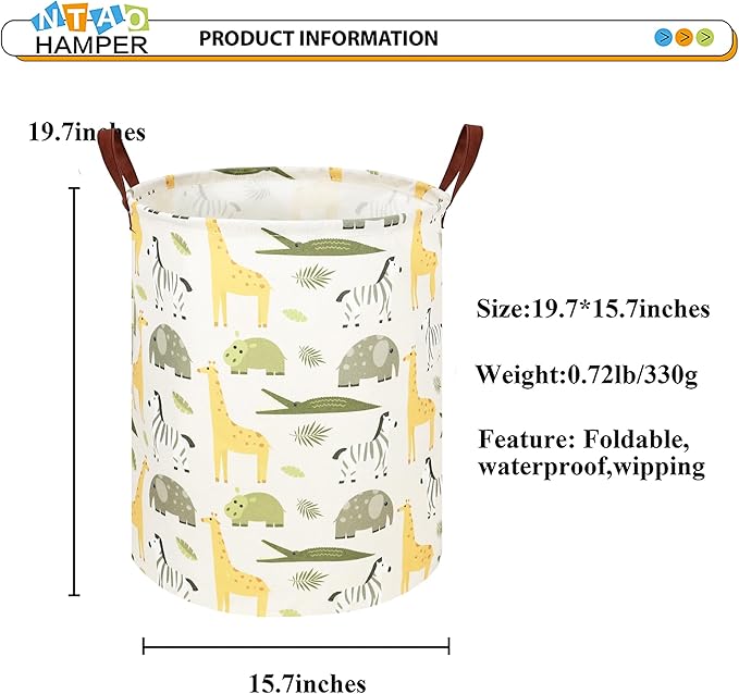 NTAOHAMPER Kids Laundry Hamper, Green Laundry Basket, Baby Nursery Hamper, Waterproof Storage Bin, Clothes Organizer Basket, Room Decor(Green Animal)