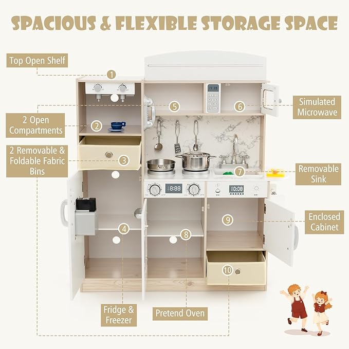 KOTEK Play Kitchen with Lights and Sounds, Wooden Toddler Kitchen Playset w/Ice Maker, Coffee Maker, 19 Accessories & Microwave, Chef Pretend Play Toy Kitchen Set for Kids Girls & Boys Ages 3+(White)