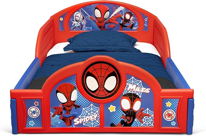 Delta Children - Marvel Spidey and His Amazing Friends 4-Piece Toddler Room-in-a-Box Set – Includes Sleep and Play Toddler Bed, Table, 1 Chair and Toy Box, Blue/Red