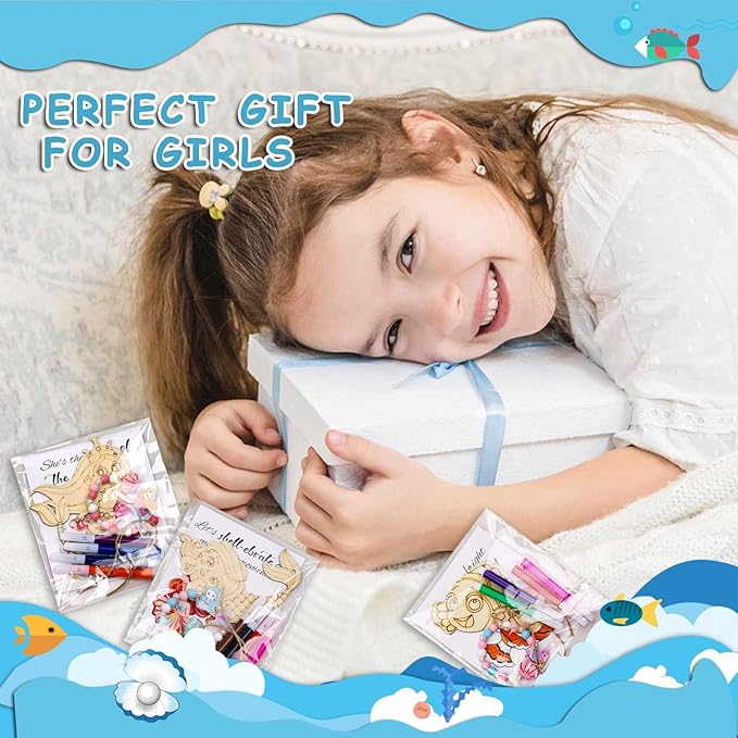 SOSAZOZA 12 Pack Mermaid Party Favors, Wooden Ornaments for Crafts, Chrismas Gifts Set, Mermaid Party Supplies, Mermaid Birthday Party Favors, Includes Mermaid Bracelet, Colored Pen, Card, Rope