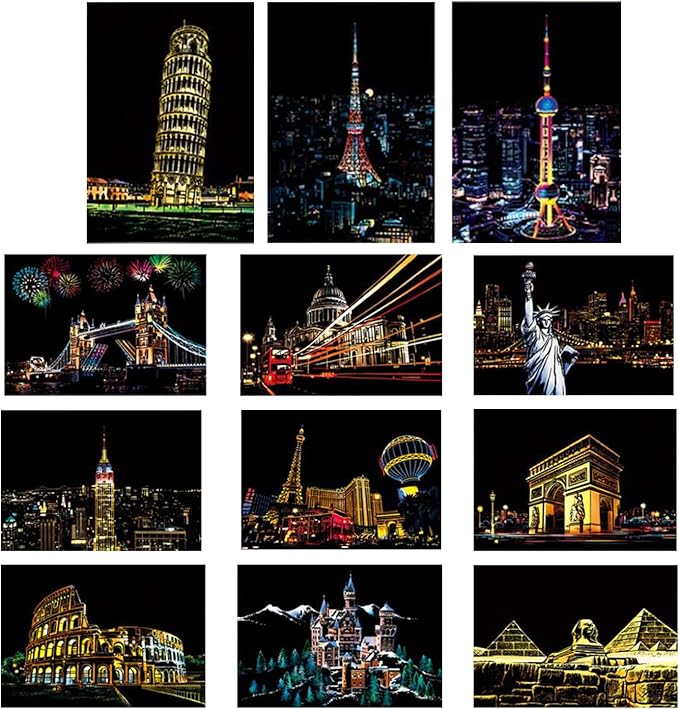 Georgie Porgy Scratch Paper Art Set DIY Arts and Crafts Kits for Kids Adults Magic Rainbow Scratch Postcards for Christmas Birthday Gift with Scratching Tools Kit (Classical Ancient Modern City)