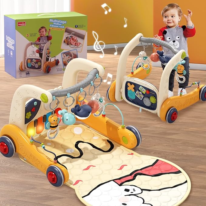 4 in 1 Baby Play Mat Activity Gym,Baby Kick and Play Piano Tummy Time Mat,Musical Learning Push Walker with Light up Interactive Toys Gift for Babies 0-6-12 Months Infant Boys Girls Newborn