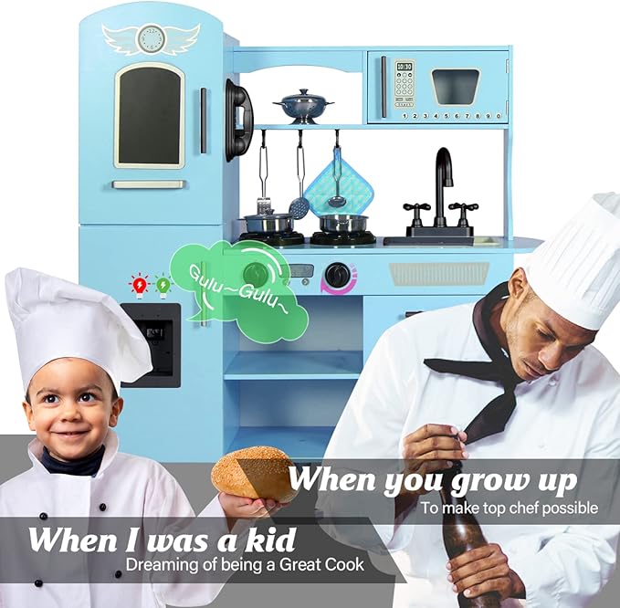 TaoHFE Toy Kitchen, Blue Kids Kitchen Playset for Kids Ages 4-8 Boys Gift Girls Play Kitchen Sets for Kids Kitchen Playset with Lights and Sounds Wooden Toy Kitchen Playset Gift Kids Kitchen Set