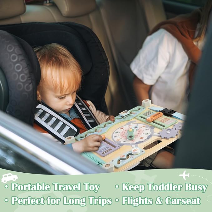 Double-Sided Wooden Busy Board for Toddlers, Sensory Activity Board, Montessori Travel Toy for Kids Age 2-5, Educational Toy for Autism, Ideal Choice for Baby Girls or Boys Birthday