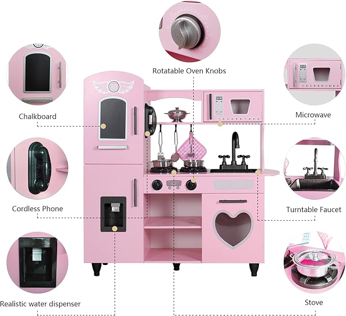 TaoHFE Play Kitchen, Pink Kids Kitchen Set for Girls Kitchen Set for Kids Ages 6-8 Gift Toddler Kitchen Set for Kids Age 3+ Kids Kitchen Playset with Lights & Sounds Wooden Toy Kitchen Playset Gift
