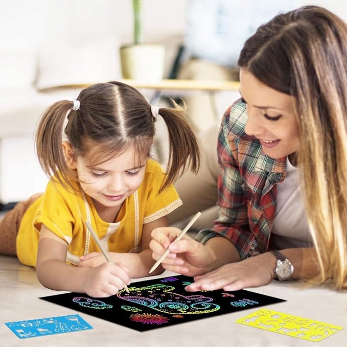 ZMLM Scratch Rainbow Art Paper Set - 50Pcs Magic Scratch Off Art Craft Supplies Kits for Kids Girls Boys Black Scratch Notes Sheet Doodle Pad for Fun DIY Toy Party Favors Christmas Birthday Gift