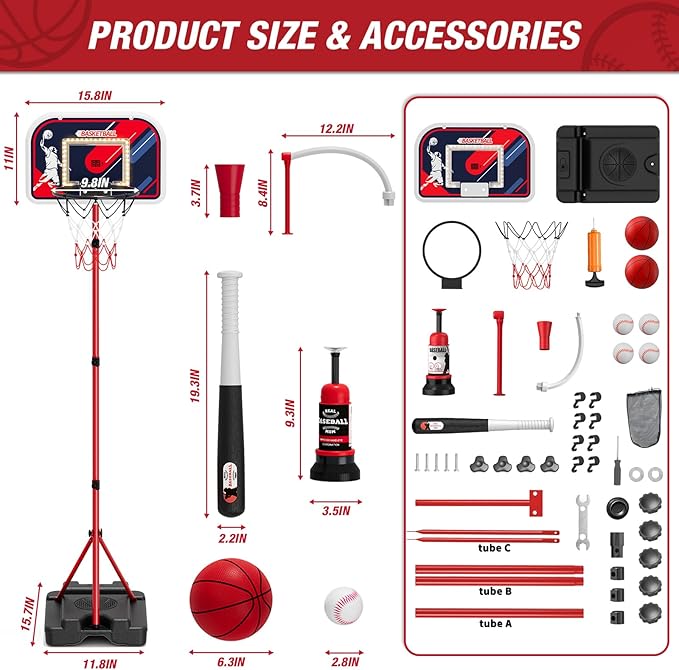 HYES 4 in 1 Kids Basketball Hoop and Tball Set 3-5, Basketball Goal with Scoreboard&LED, Hanging Tee Ball Stand with Baseball Pitching Machine, Indoor Outdoor Sport Toys for Boys 4-8