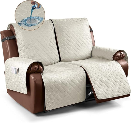 KinCam Waterproof Loveseat Recliner Cover, Non-Slip Reclining Couch Covers for 2 Seat, Recliner Sofa Cover Furniture Protector with Elastic Straps for Kids, Pets, Ivory