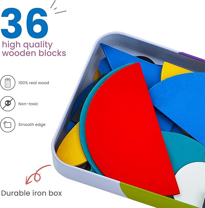 LiKee Open Ended Wooden Shape Puzzles (36 Blocks&60 Cards) for Toddlers 3+ Years Old, Montessori Development Toys Preschool Education Activity Travel Toy Board Games for Kids 4-8 Yrs