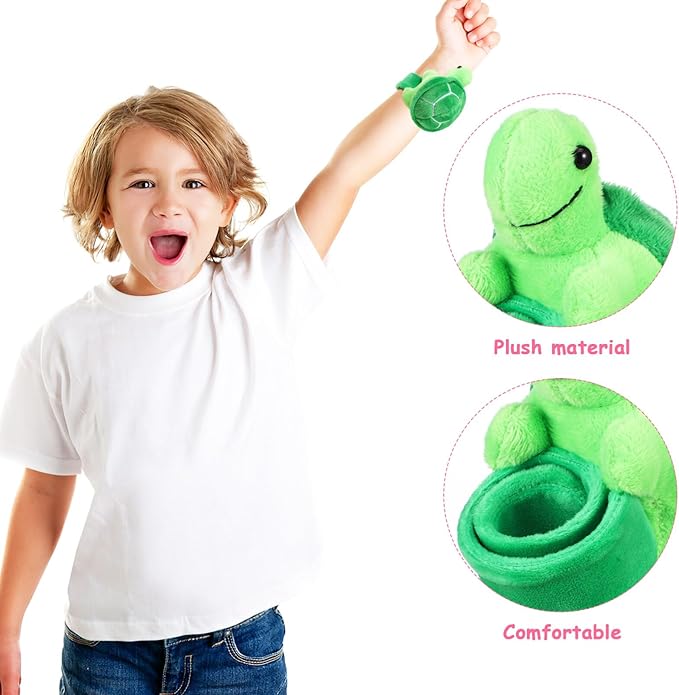 TOYANDONA 2PCS Animal Slap Bracelets for Kids, Stuffed Animal Plush Slap Bracelets Bulk, Plush Turtle Wrist Slap Band Toy for Girls Boys Birthday Party Favors