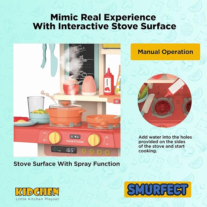 Kitchen Play Set with Accessories- Mini Kitchen Set with Realistic Light Sound Steam Simulation- Indoor Games Cooking Playset with Water Outlet- Toys for Toddlers Children & Girls