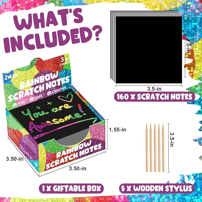 ZMLM Rainbow Scratch Art Paper Mini Note for Kids Gifts Ages 4-8 Bulk Craft Supplies for Teen Girls Boys Easter Basket Stuffers Birthday Classroom Party Games Toy Valentines Day Gift(Holographic